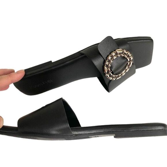 Black Faux Leather Silver Buckle Platform Sandals | Lime  Open Edit Lely Black Slide Sandals Women’s 6.5 Silver Medallion Buckle